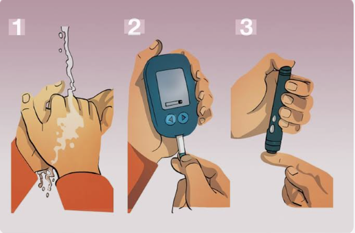Persona che esegue l’autocontrollo della glicemia con glucometro